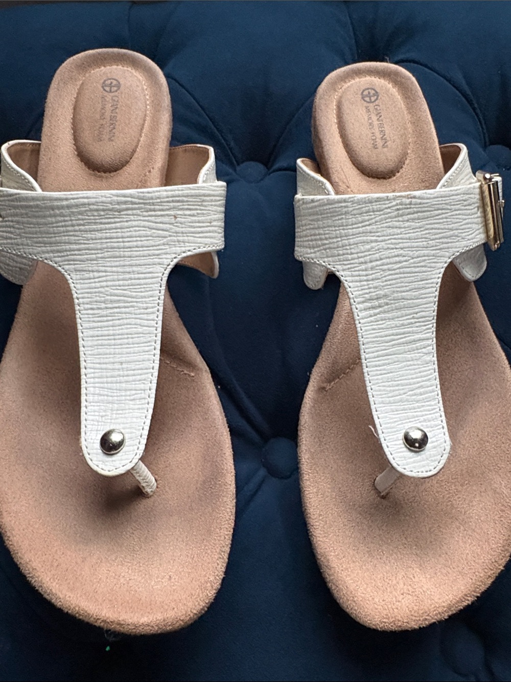 Gianni Bini White Textured Toe-Post Sandals with Buckle Accent